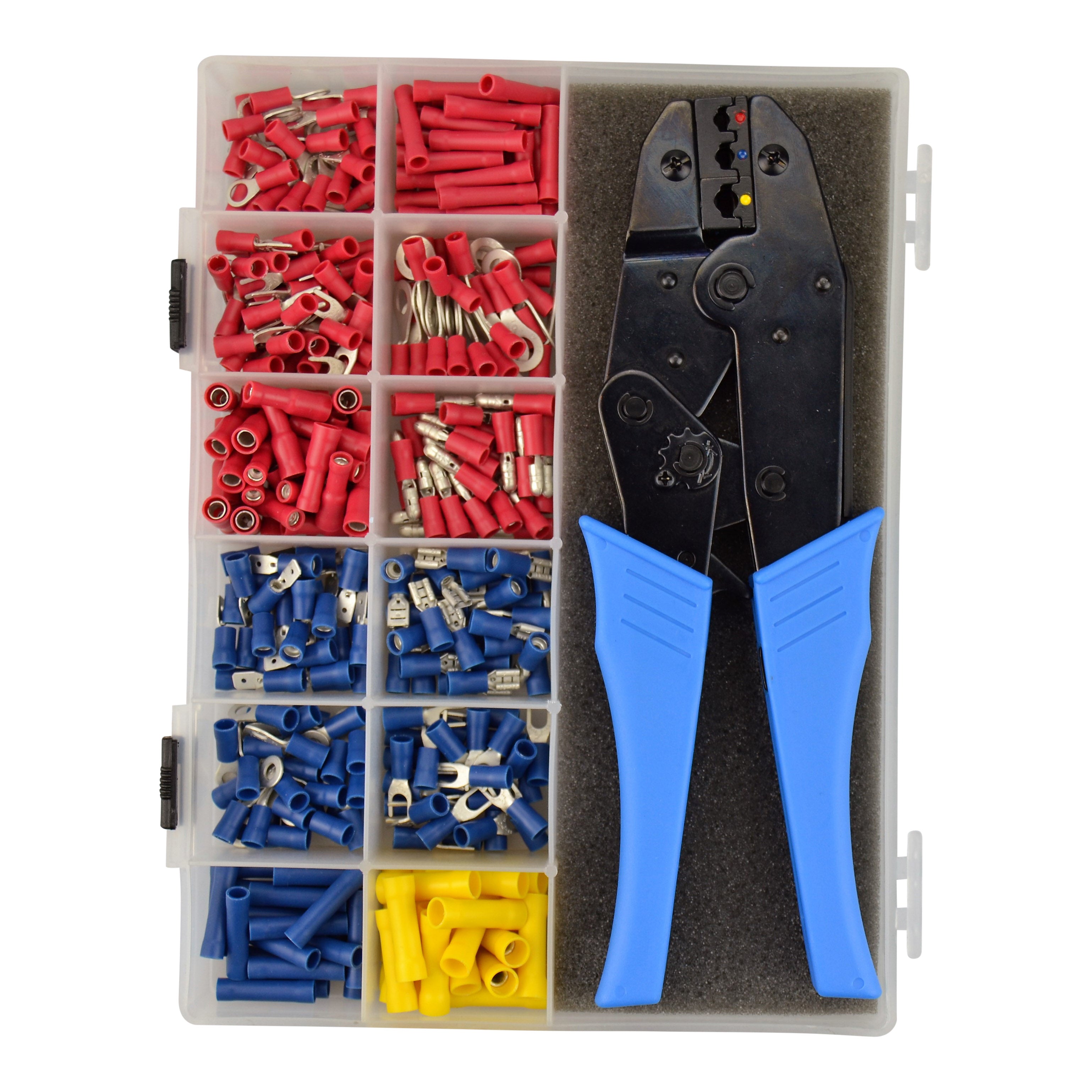 Red, Blue & Yellow Pre-Insulated Crimp Terminal Assortment Kit Including High Quality Ratchet Hand Tool - 360pcs Total