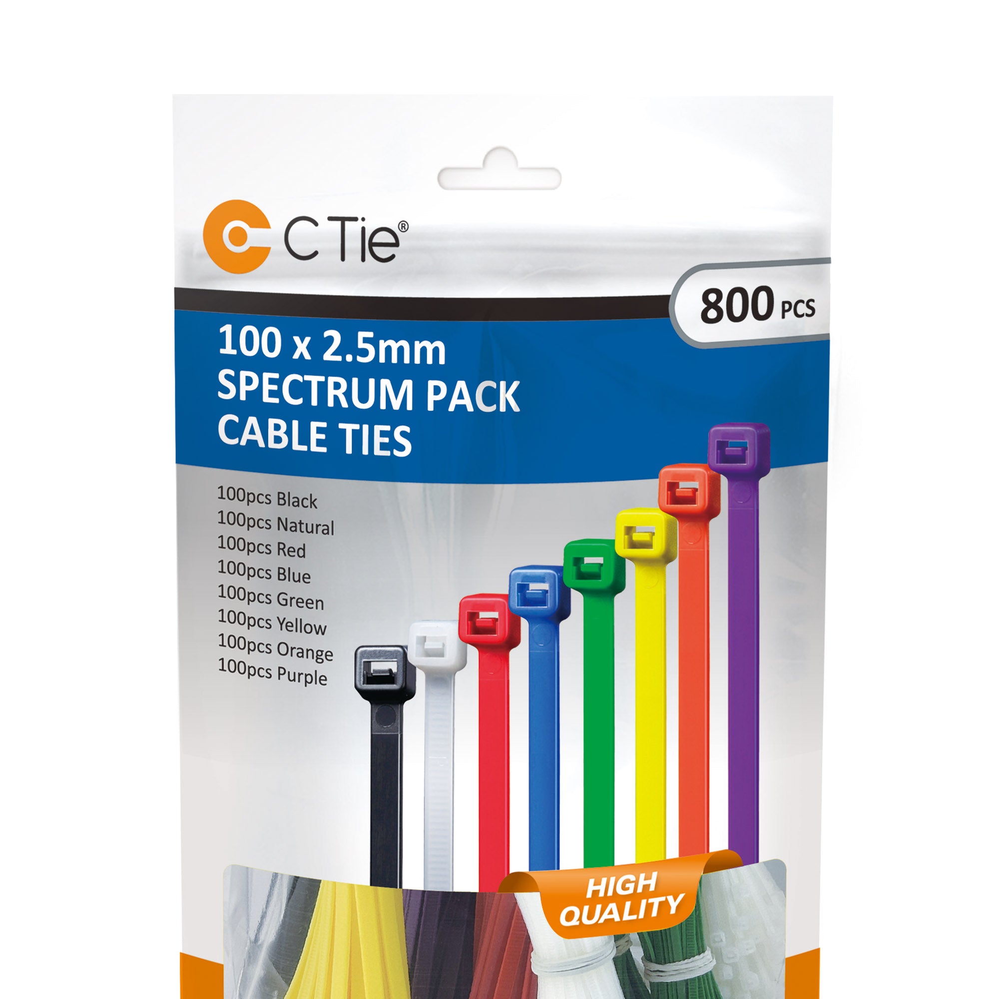 Assorted Cable Ties - 800pcs - 100 x 2.5mm - Multi Colour Spectrum Pack