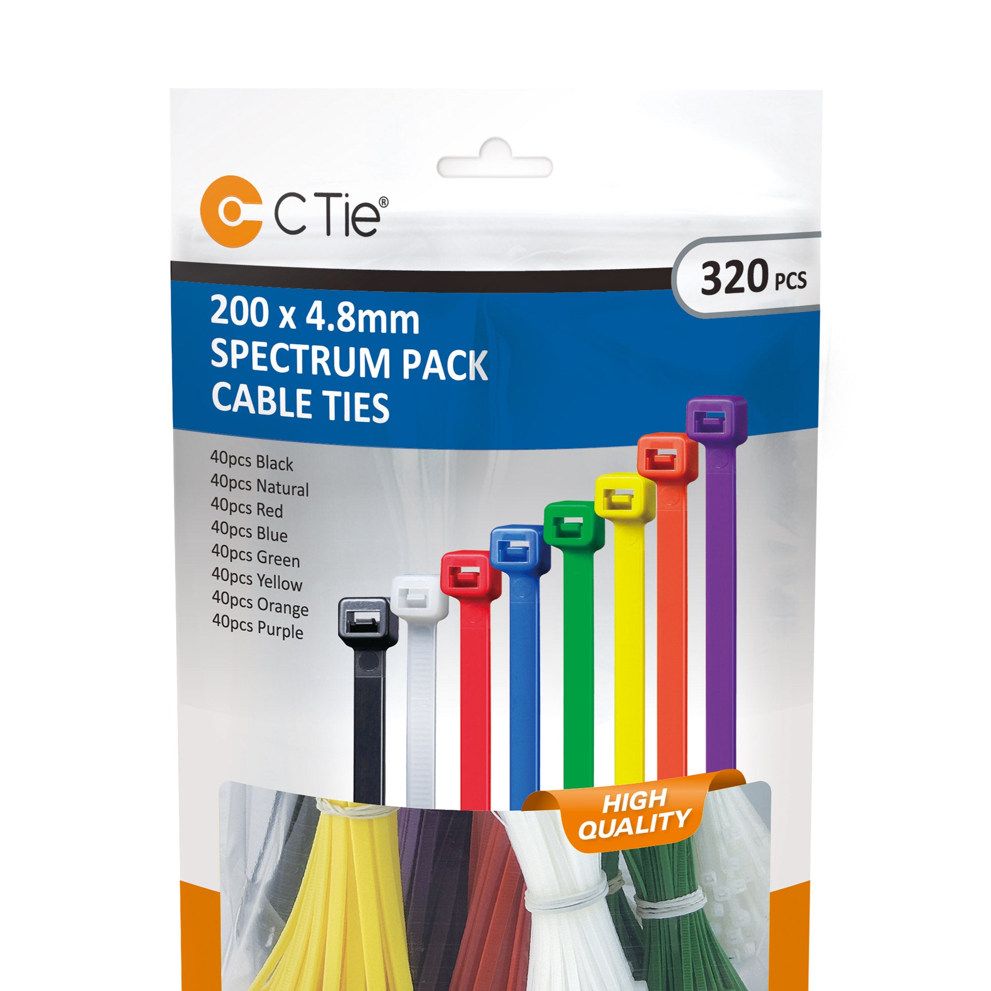 Assorted Cable Ties - 320pcs - 200 x 4.8mm - Multi Colour Spectrum Pack