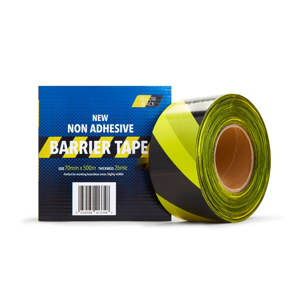 70mm x 500m Non Adhesive Barrier Tape, Black & Yellow - 1 Roll