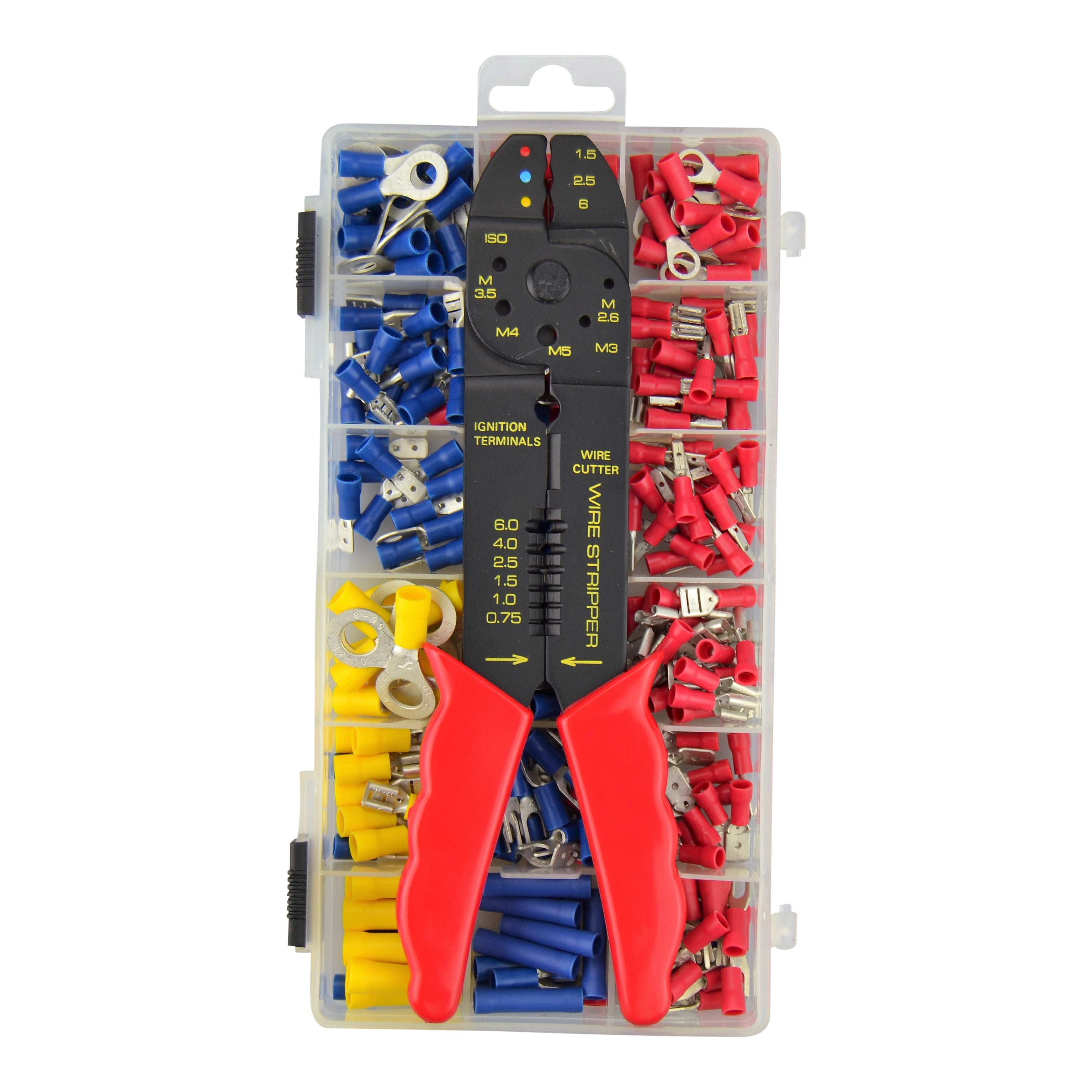 Red, Blue & Yellow Pre-Insulated Crimp Terminal Assortment Kit Including Budget Crimper, Cutter & Stripper Tool - 360pcs Total
